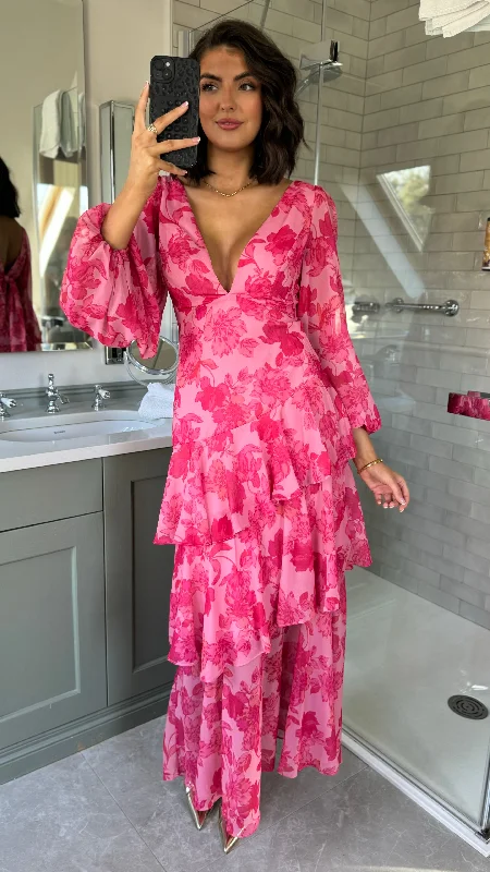 Discover Promotions Mariah Pink Floral Tie Back Long Sleeve Tiered Maxi Dress