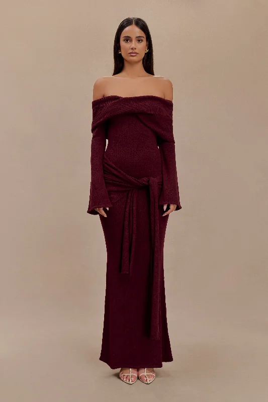 Women's Elegant Formal Outfit Cameron Off Shoulder Tie Maxi Dress - Merlot