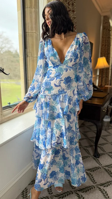 Budget Friendly Mariah Blue Floral Tie Back Long Sleeve Tiered Maxi Dress