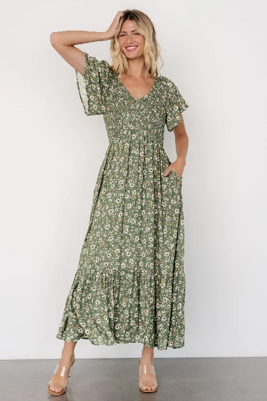 Women's Elegant Formal Outfit Joanie Smocked Dress | Green Floral