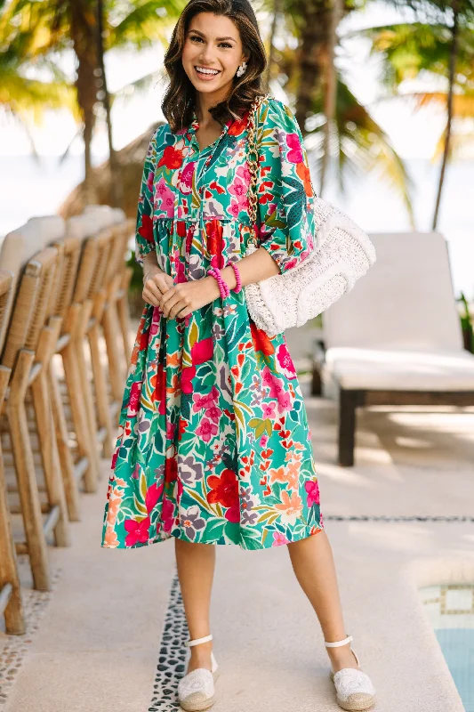 Women's Evening Wear Outfit Feels Right Green Floral Midi Dress