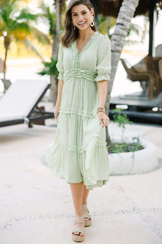 Modern Women's Outfit Living In A Dream Melon Green Ruffled Midi Dress