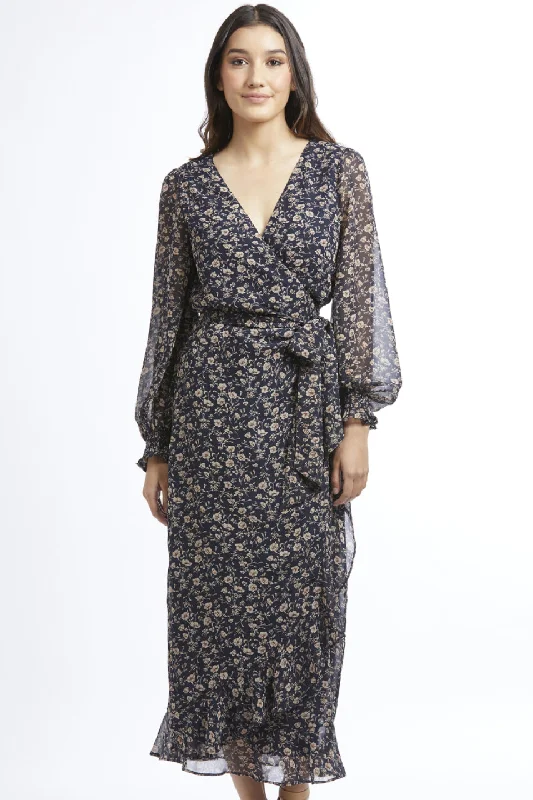 Women's Casual Wear Outfit Carried Away Navy LS Midi Wrap Dress