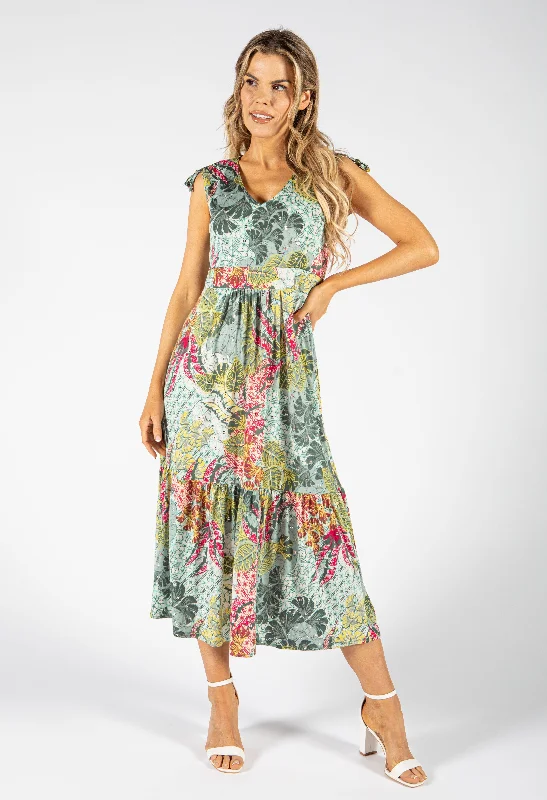 Women's Elegant Outfit Tropical Bloom V Neckline Dress