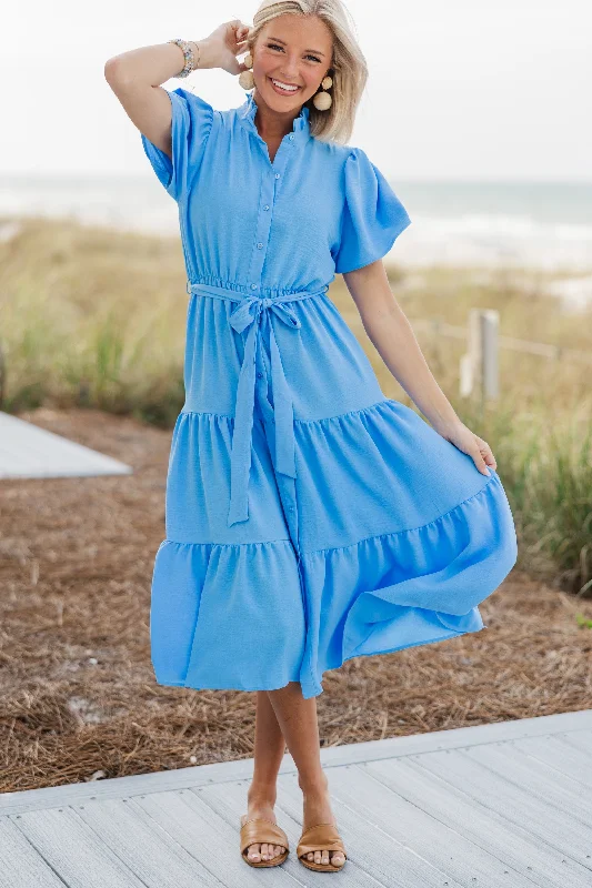 Street Chic Discounts Tell It All Dusty Blue Button Down Midi Dress