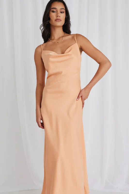 Women's Weekend Outfit Sovereign Melon Satin Strappy Maxi Dress