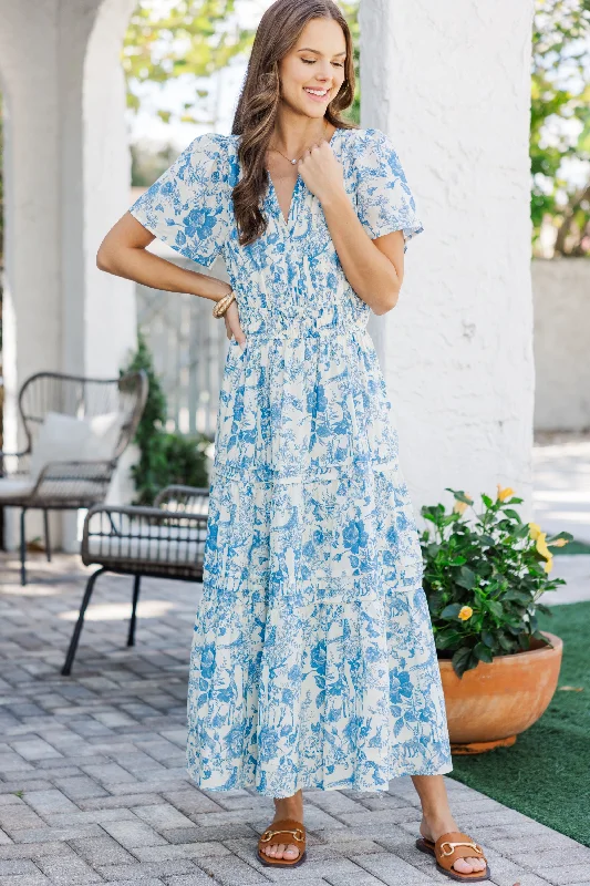 Women's Travel Garments It's In The Air Blue Toile Tiered Midi Dress