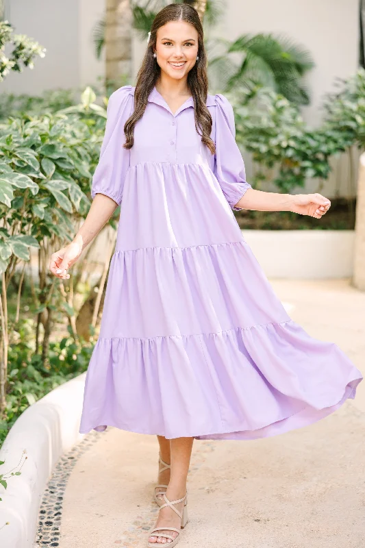 Women's Chic Outerwear Attire Love Found Lavender Purple Tiered Midi Dress