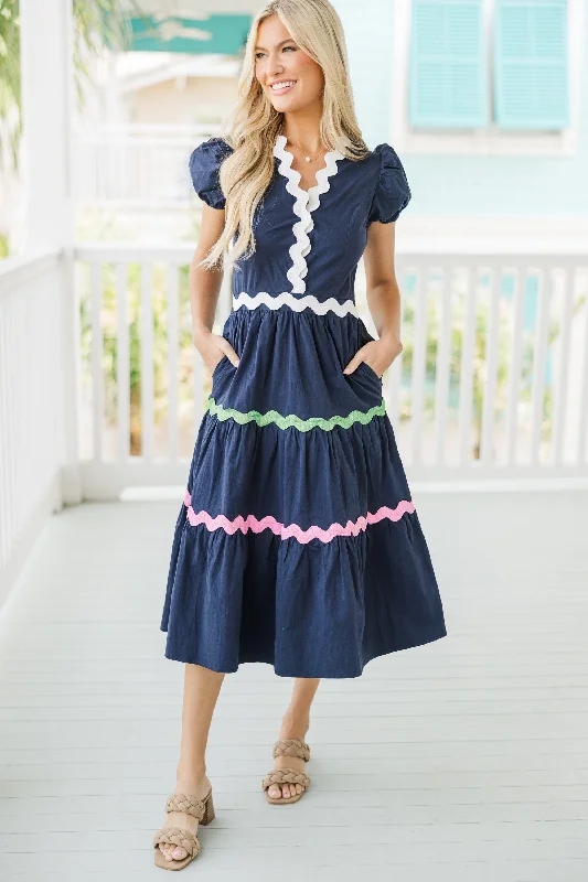 Huge Discounts This Week Life's A Party Navy Blue Rickrack Midi Dress