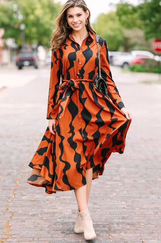 Unleash Your Trend Driven Style It's Your Time Brown Abstract Midi Dress