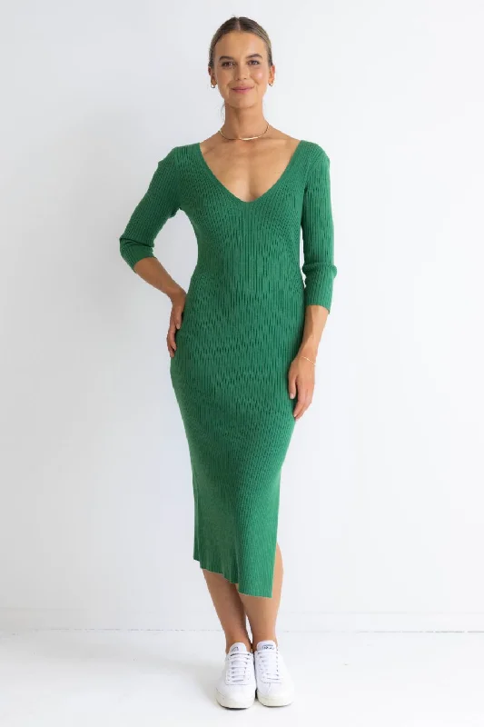 Women's Professional Attire Equinox Kelly Green Half Sleeve V Neck Tie Back Rib Knit Midi Dress