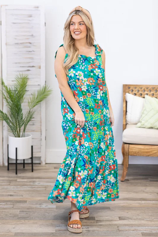 Chic Women's Outfit Teal Multicolor Floral Print Maxi Dress