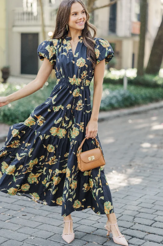 Women's Evening Apparel Always On My Mind Black Floral Midi Dress