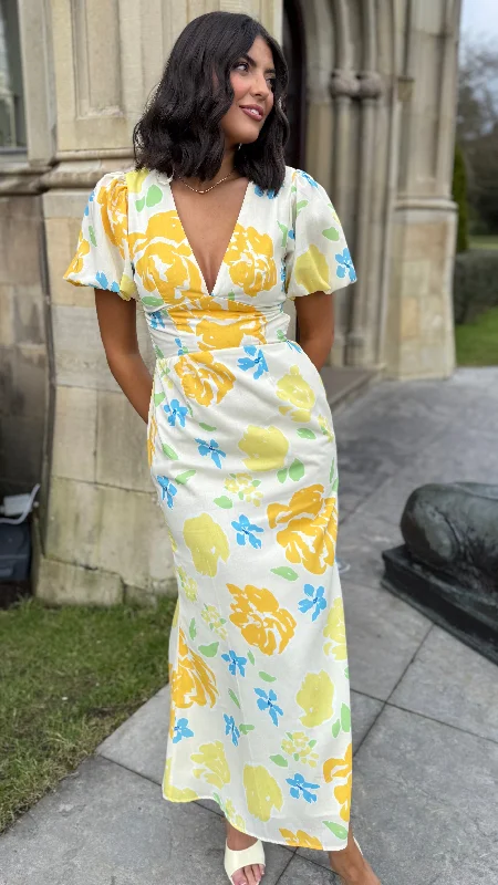 Ends Soon Lucinda Yellow Floral Short Sleeve Maxi Dress