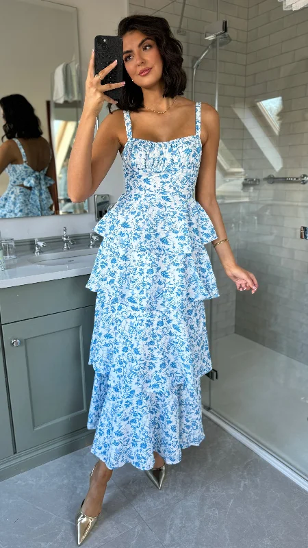 Shop Sale Items Bella Blue Floral Tie Up Back Tiered Skirt Maxi Dress