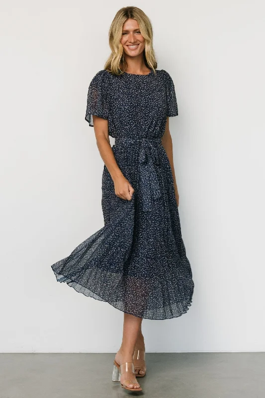 Women's Formal Event Outfit Prim Pleated Dress | Navy Print