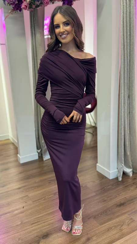 Women's Office Attire Sheridan Purple Off Shoulder Wrap Effect Midi Dress