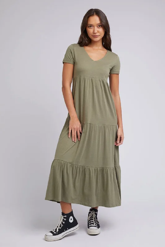 Break Fashion Norms Lola Khaki Tiered SS Midi Dress