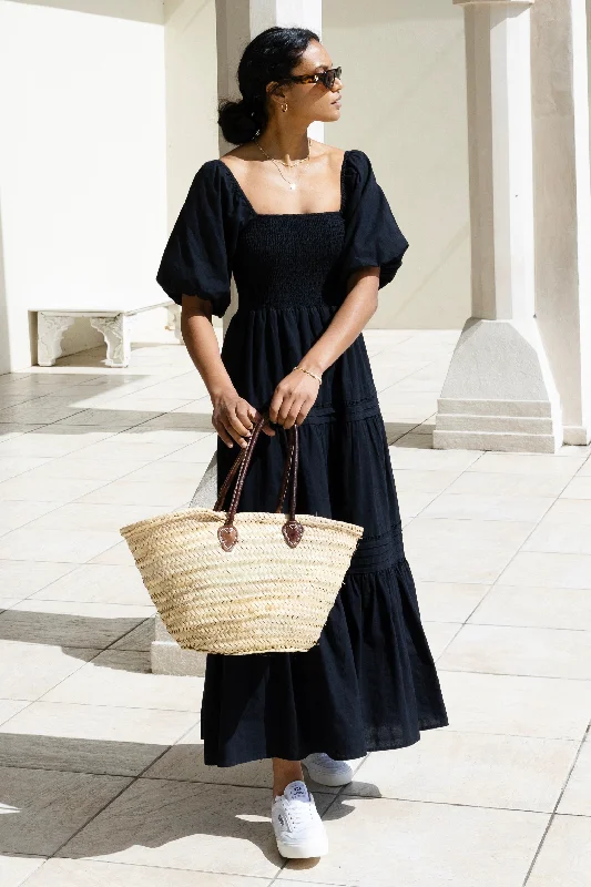 Embrace New Fashion Captivate Black Cotton Puff Sleeve Tiered Midi Dress