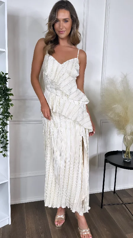 Discover Now Shelby Cream & Gold Strappy Frill Detail Maxi dress