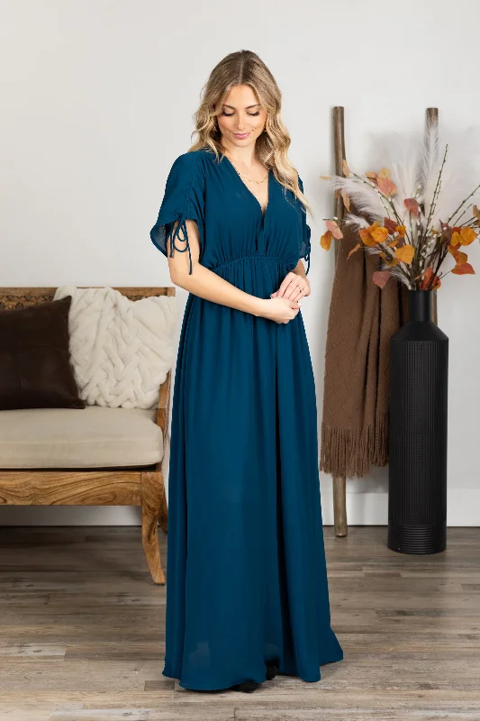 Women's Work Outfit Dark Teal V-Neck Maxi Dress With Pockets