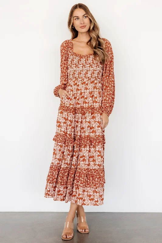 Women's Chic Outfit Dynah Tiered Dress | Rust +Cream Floral