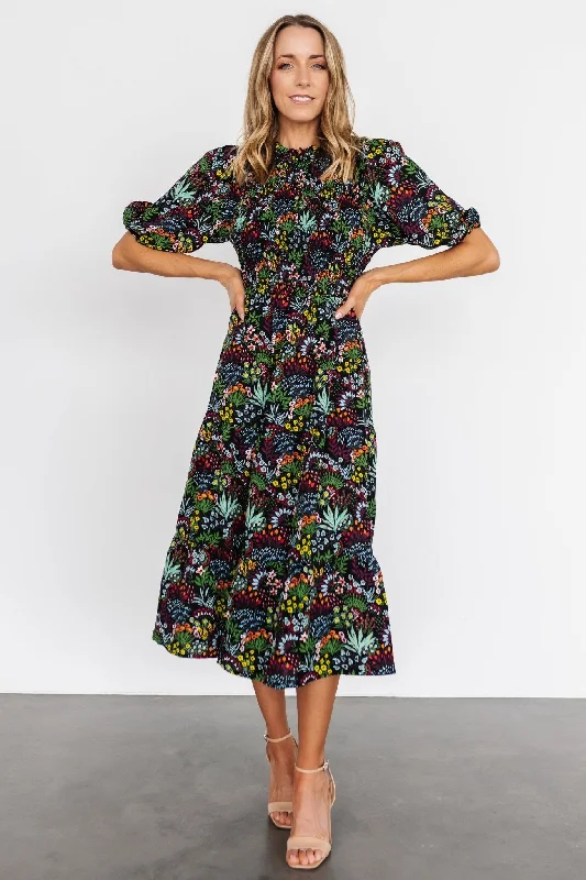 Women's Relaxed Outfit Lena Tiered Midi Dress | Black Multi Floral