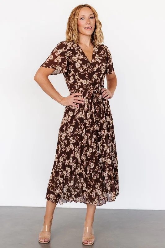 Women's Clothing For Casual Outings Cassidy Pleated Midi Dress | Brown Floral