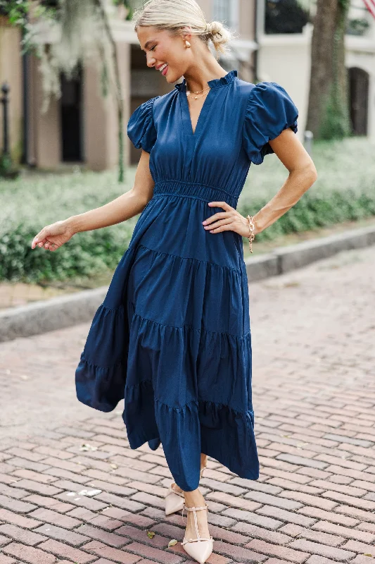 Timeless Women's Garments Coming Back For You Navy Blue Tiered Midi Dress