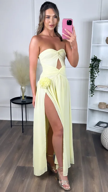 Huge Markdowns Dominique Yellow Strapless and Corsage Detail Maxi Dress