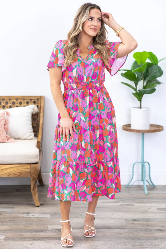 Women's Relaxed Outfit Pink Smocked Waist Maxi Floral Dress