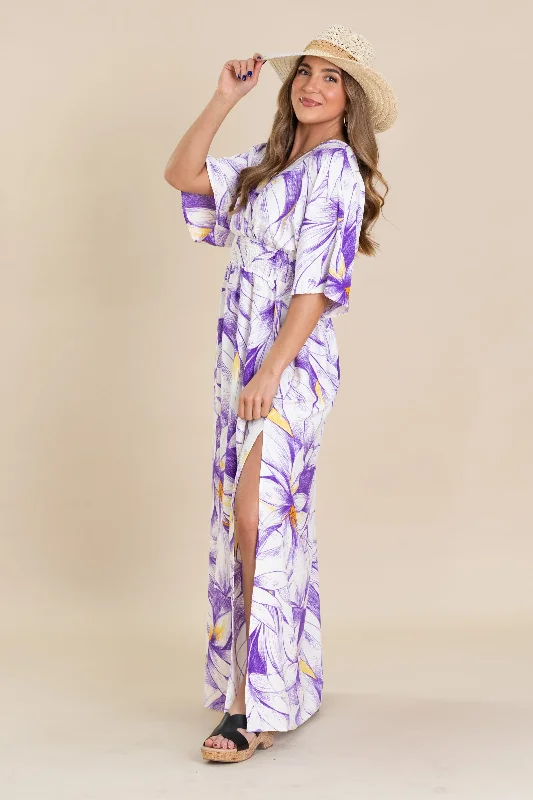 Women's Plus-Size Outfit Purple And Off White Floral Print Maxi Dress