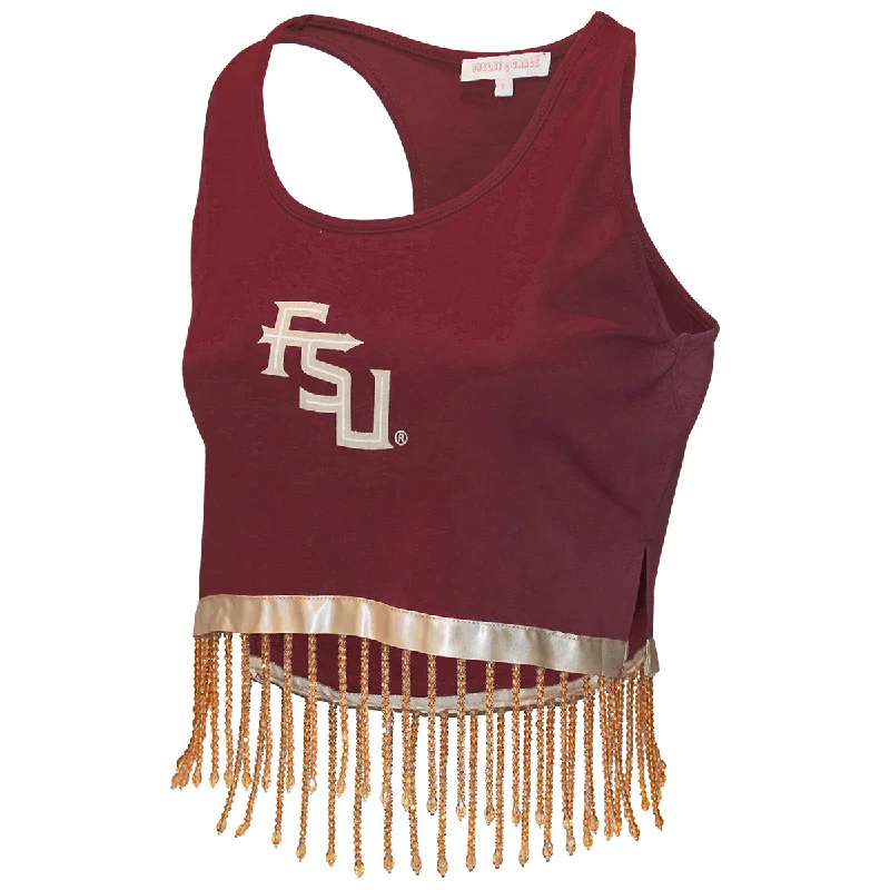 Season Offer Emerson Street Women's Stacked FSU Glitter Design Rhinestone Fringe Racerback Tank - Garnet/Gold