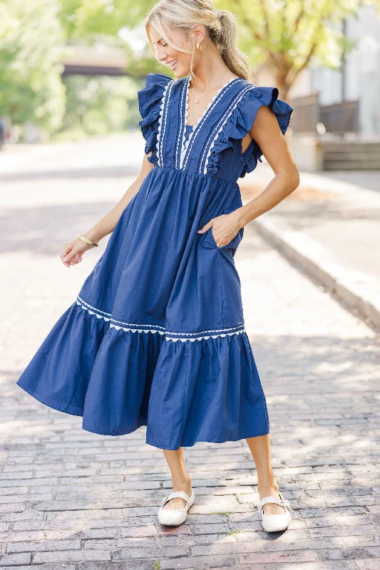 Shop Sales Ready For The Day Navy Blue Ruffled Midi Dress