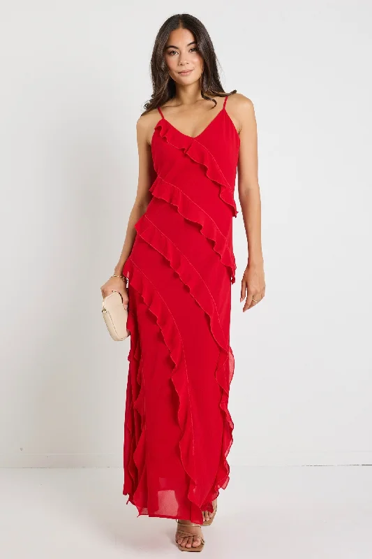 Trendy Threads Galore Flame Bias Ruffle Slip Maxi Dress