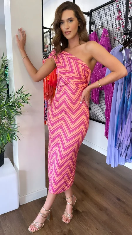 Limited Stock, Big Sale Ellie Pink & Orange Printed One Shoulder Midaxi Dress