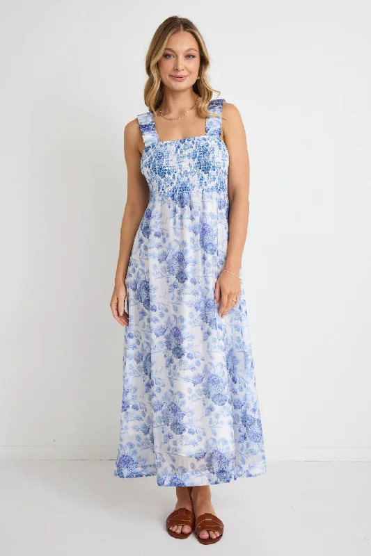 Bid Farewell To The Old Season Halo Blue Floral Strappy Shirred Bow Back Midi Dress