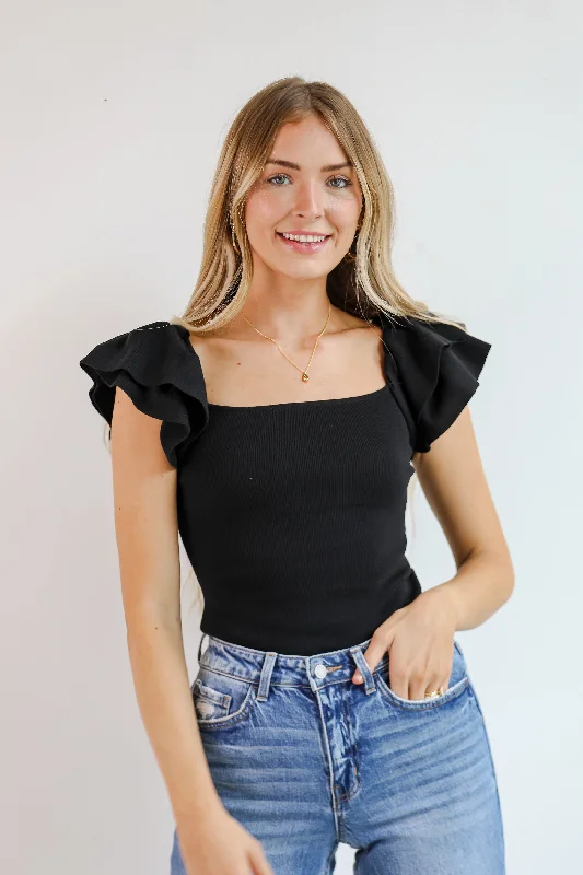 Sophisticated Street Style Offers FINAL SALE - Go Team Black Ruffle Sleeve Tank