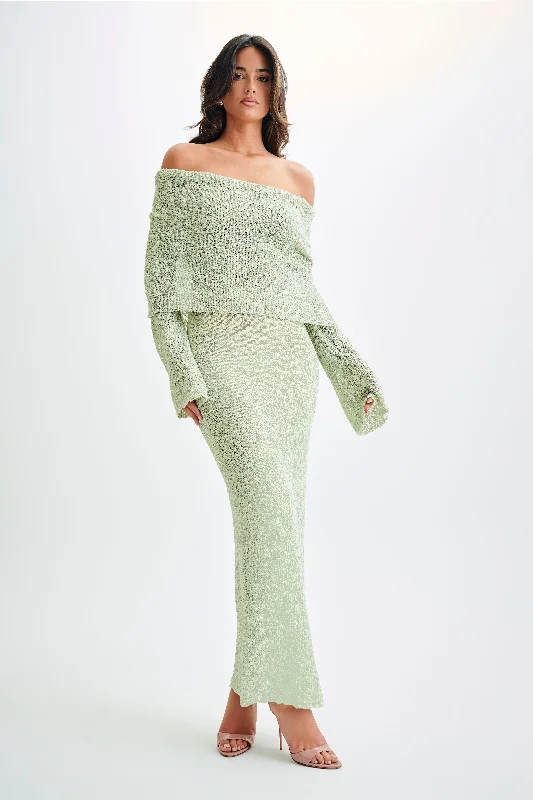 Fashionable Women's Outfit Marisol Off Shoulder Boucle Maxi Dress - Pastel Green