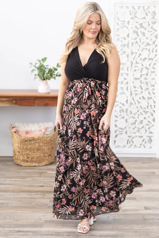 Women's Floral Print Outfit Black Chiffon Sleeveless Maxi Dress