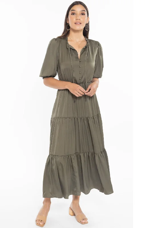 Women's Cozy Outfit For Lounging Curious Khaki Puff Short Sleeve Tiered Satin Midi Dress