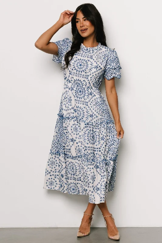 Trendy Pulse Mirabel Eyelet Midi Dress | White + Blue