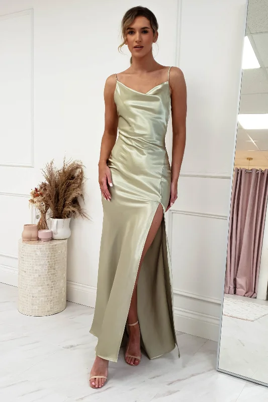 Women's Evening Wear Outfit Love Silky Satin Gown | Sage Green