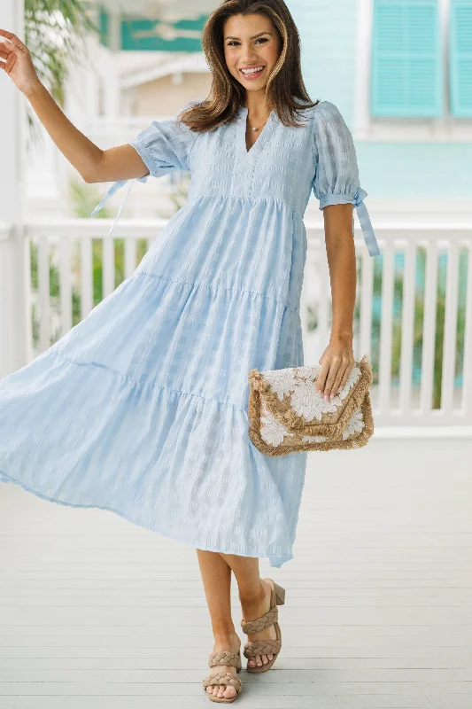 Playful Fashion Offers Pinch: Take The Compliment Light Blue Gingham Midi Dress