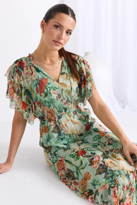 Chic & Cozy Collection Flutter Green Floral Floaty Sleeve Maxi Dress