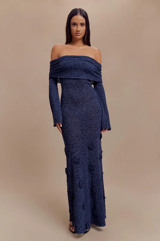 Women's Classic Attire Kiki Off Shoulder Knit Rose Maxi Dress - Navy