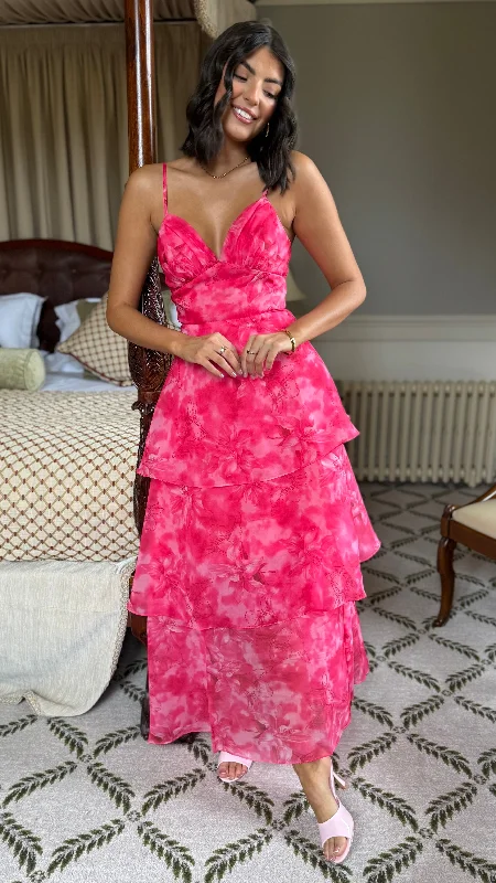 New In This Season Emmeline Hot Pink Floral Organza Floral Dye Maxi Dress