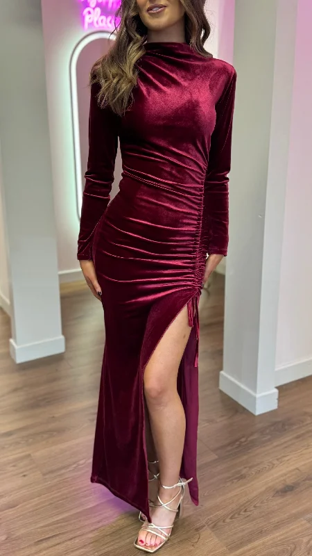 Unleash Your Trendy Side Sibyl Burgundy High Neck Velvet Ruched Tie Detail Midi Dress