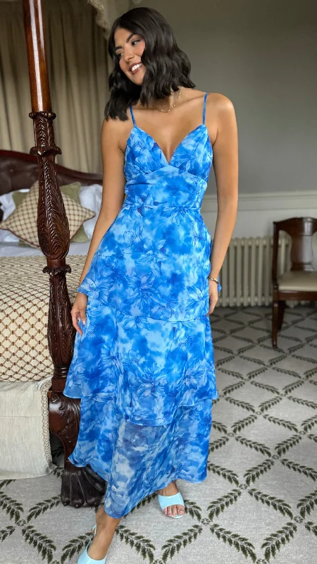 Limited Time Emmeline Blue Floral Organza Floral Dye Maxi Dress