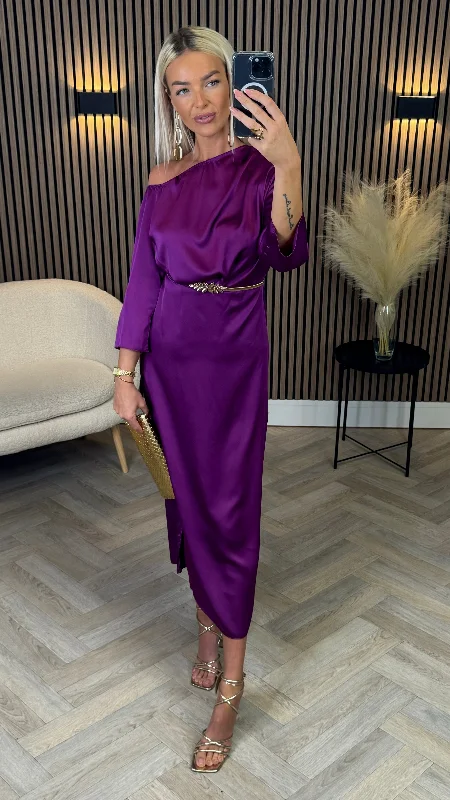 New Arrivals Tamera Purple Off The Shoulder Long Sleeved Ruched Midi Dress